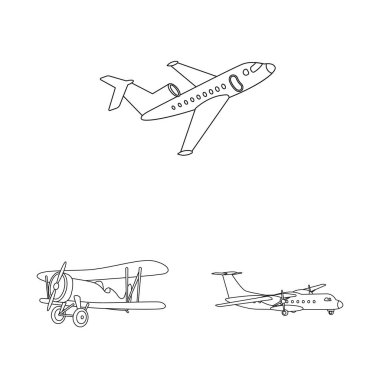 İllüstrasyon işareti uçak ve ulaşım vektör. Web için uçak ve gökyüzü hisse senedi simgesi kümesi.