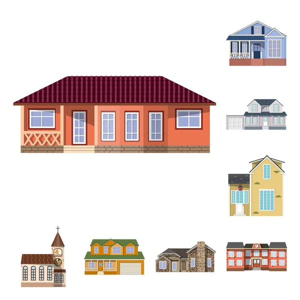 Ilustración vectorial de edificio y cartel frontal. Colección de edificio y techo símbolo de stock para la web . — Vector de stock