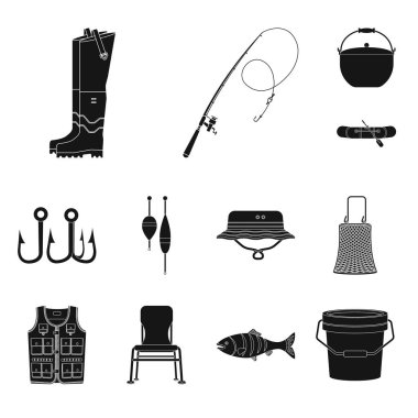 Balık ve balık tutma simge vektör Illustration. Balık ve ekipman hisse senedi vektör çizim topluluğu.