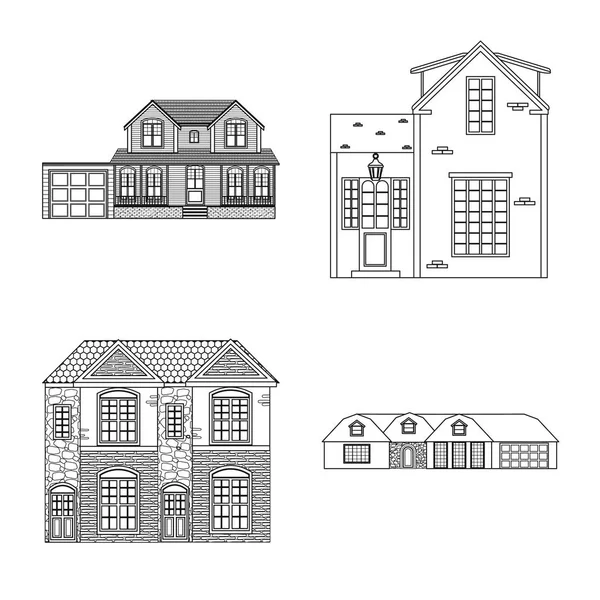 Ilustração vetorial do edifício e do sinal frontal. Coleção de edifício e ícone de vetor de telhado para estoque . — Vetor de Stock