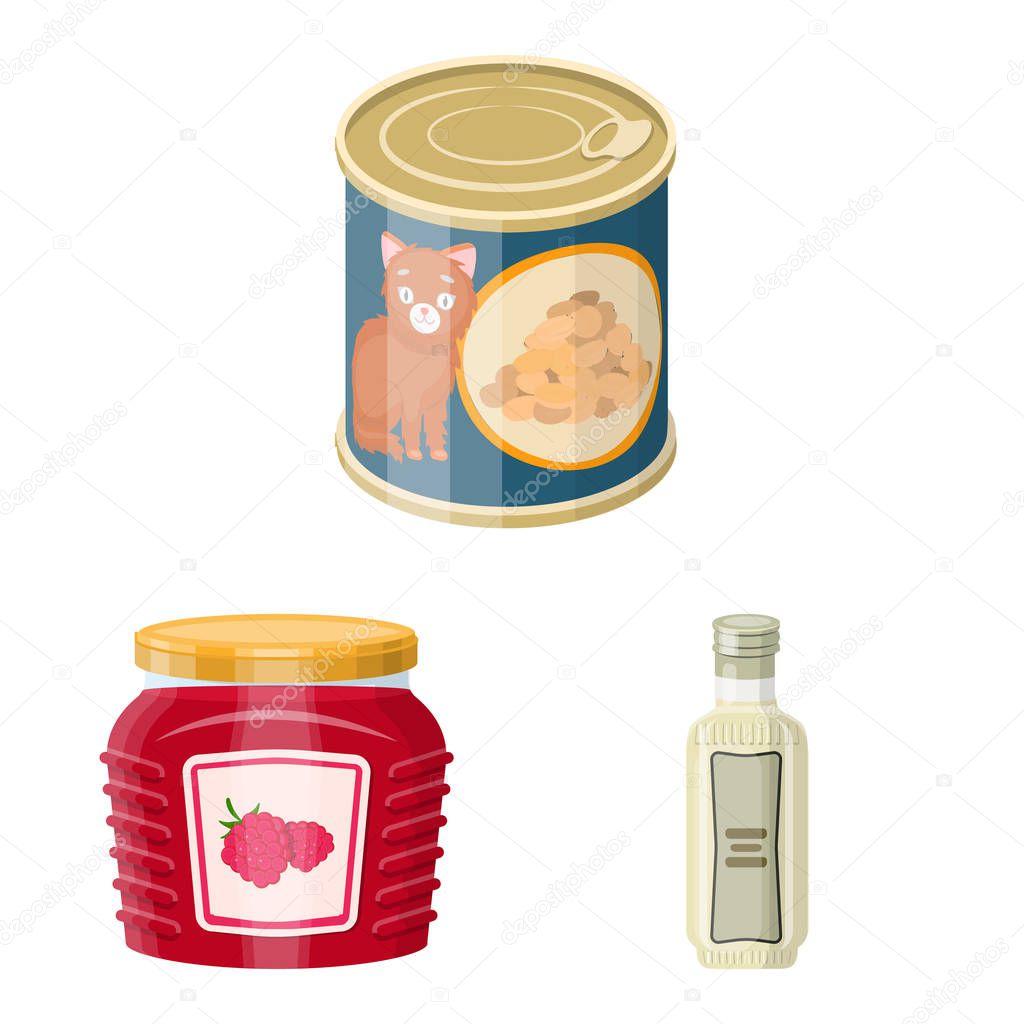 Vector illustration of can and food logo. Set of can and package vector icon for stock.