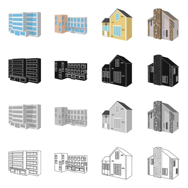 Diseño vectorial de la fachada y el icono de la vivienda. Conjunto de icono vectorial de fachada e infraestructura para stock . — Archivo Imágenes Vectoriales