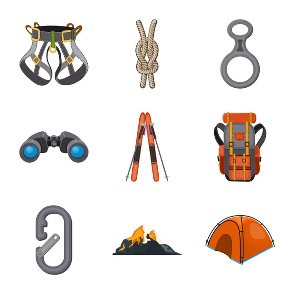 Ilustrasi vektor pendakian gunung dan puncak ikon. Set dari mountaineering dan camp vector ikon untuk stock . - Stok Vektor