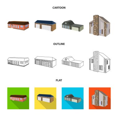 Cephe ve konut işaret illüstrasyon vektör. Hisse senedi için cephe ve altyapı vektör simge kümesi.
