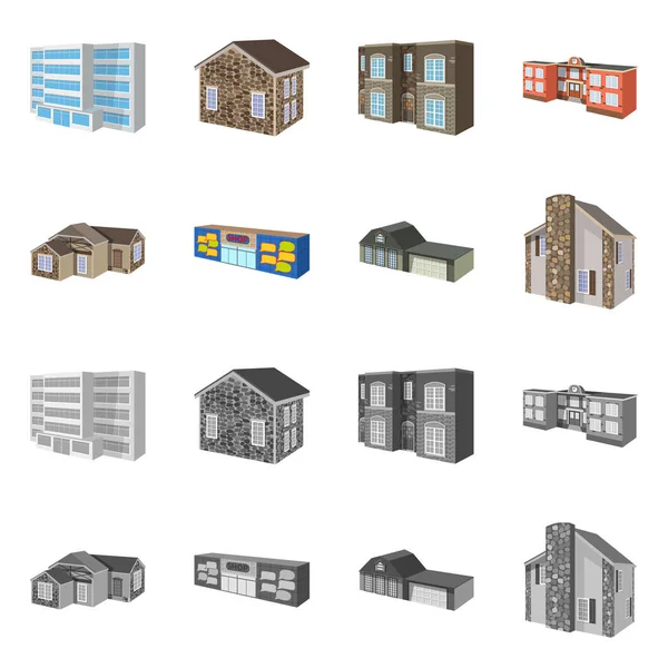 Projeto vetorial de fachada e sinal de habitação. Coleção de fachada e ícone de vetor de infraestrutura para estoque . —  Vetores de Stock