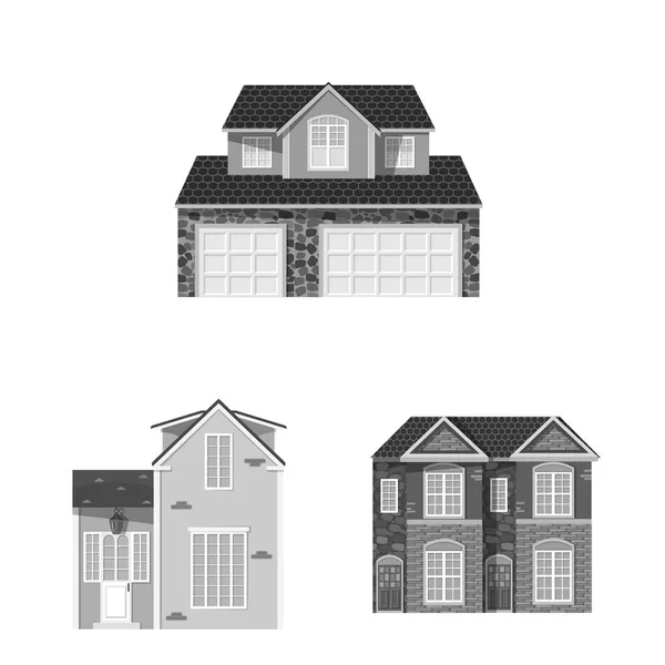 건물의 디자인 벡터 기호를 전면 및. 웹에 대 한 건물 및 지붕 주식 기호 모음. — 스톡 벡터