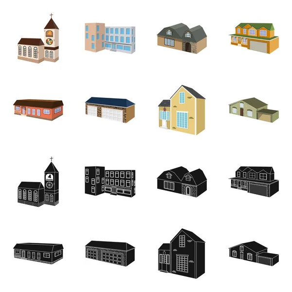 Diseño vectorial de la fachada y el logotipo de la vivienda. Conjunto de ilustración vectorial de fachada e infraestructura . — Vector de stock