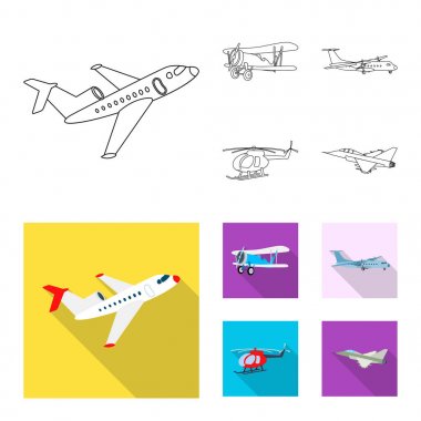 Uçak ve taşıma sembolü yalıtılmış nesne. Uçak ve gökyüzü hisse senedi vektör çizim seti.