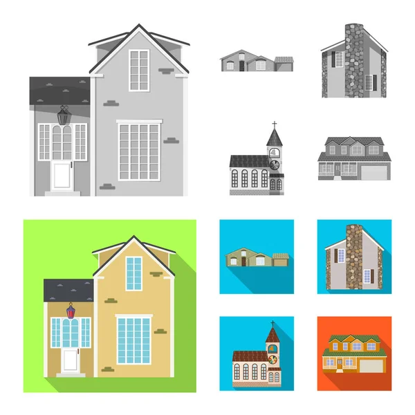 Ilustração vetorial do edifício e símbolo frontal. Conjunto de construção e símbolo de estoque de telhado para web . — Vetor de Stock