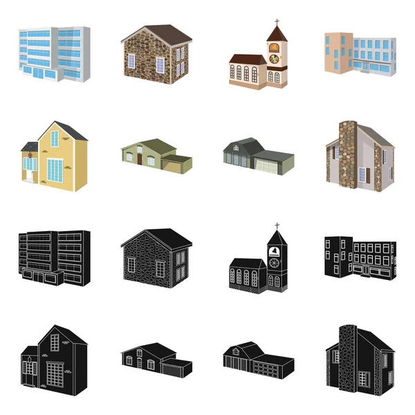 Illustrazione vettoriale della facciata e del segno dell'alloggiamento. Raccolta di icone vettoriali per facciate e infrastrutture per stock . — Vettoriale Stock