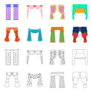 Perdelerin ve perde simgelerinin vektör tasarımı. Perdeler ve perdeler ağ için stok sembolü.