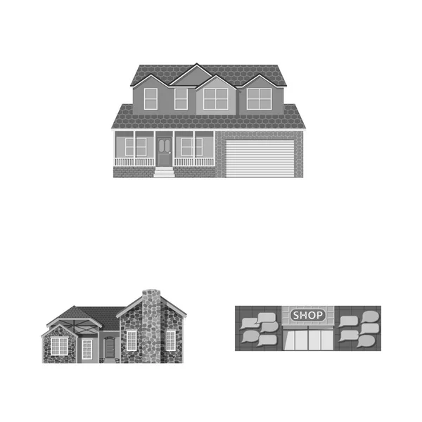 Векторная иллюстрация иконки здания и фасада. Комплект векторной иллюстрации здания и крыши . — стоковый вектор