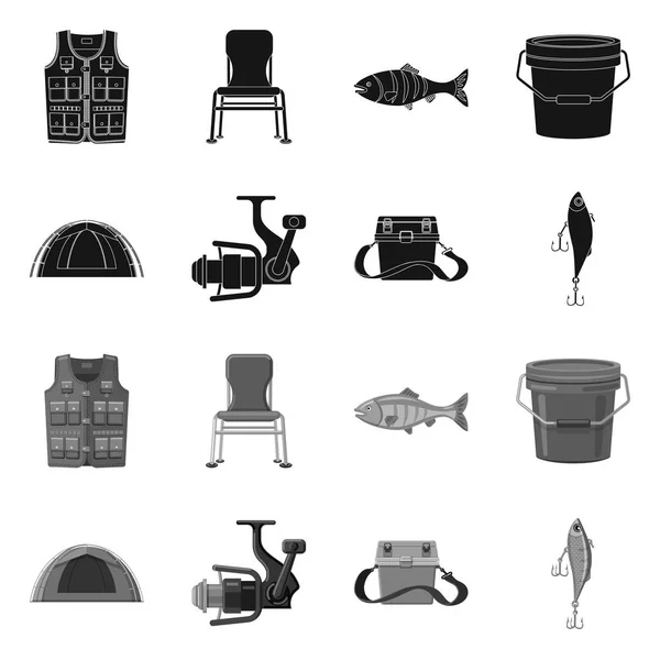Vektordesign von Fischen und Angelzeichen. Set von Fisch und Ausrüstung Vektor-Symbol für Lager. — Stockvektor