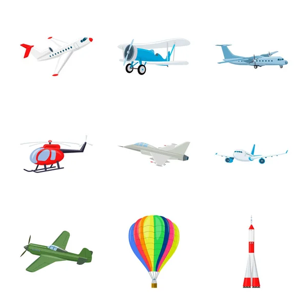 Objeto isolado de avião e ícone de transporte. Coleção de plano e ícone de vetor de céu para estoque . — Vetor de Stock