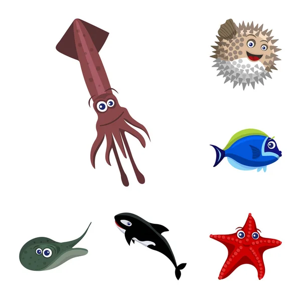 海や動物のシンボルのベクター デザイン。海と株式のマリン ベクトル アイコンのコレクション. — ストックベクタ