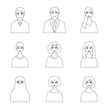 Karakter ve avatar simgesinin vektör tasarımı. Web için karakter ve kişi stok sembolünün toplanması.