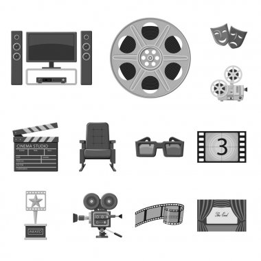 Sinematografi vektör tasarımı ve stüdyo sembolü. Stok için sinematografi ve filme vektör simgesi koleksiyonu.