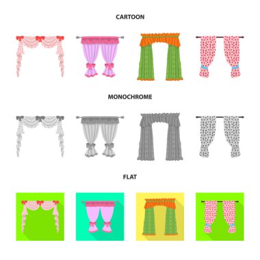 Perdelerin ve perde simgelerinin vektör çizimi. Stok için perde ve jaluzi vektör simgesi.