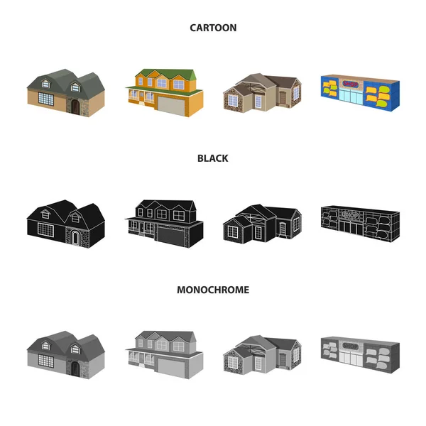 Vektor design fasad och bostäder skylt. Uppsättning av fasaden och infrastruktur lager vektorillustration. — Stock vektor