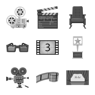 Sinematografi ve stüdyo simgesinin vektör tasarımı. Sinematografi ve filme stok vektör çizim koleksiyonu.