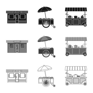 Piyasa ve dış işareti vektör tasarımı. Market ve gıda hisse senedi vektör çizim topluluğu.