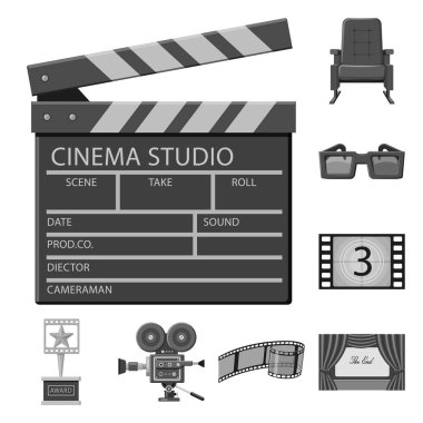 Sinematografi vektör tasarımı ve stüdyo logosu. Stok için sinematografi ve filme vektör simgesi seti.