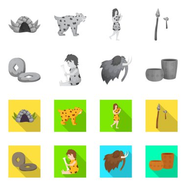 Evrimin vektör tasarımı ve neolitik sembol. Evrim dizisi ve ağ için ilkel hisse simgesi.