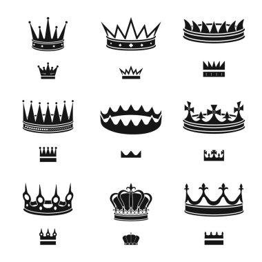 Kral ve görkemli logosu Vektör illüstrasyon. Hisse senedi için kral ve altın vektör simgesi kümesi.