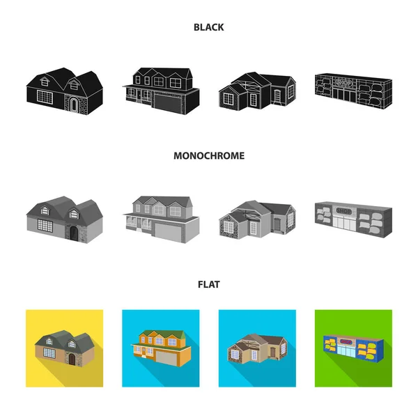 Design vettoriale della facciata e del logo dell'alloggiamento. Raccolta di facciate e stock di infrastrutture simbolo per il web . — Vettoriale Stock