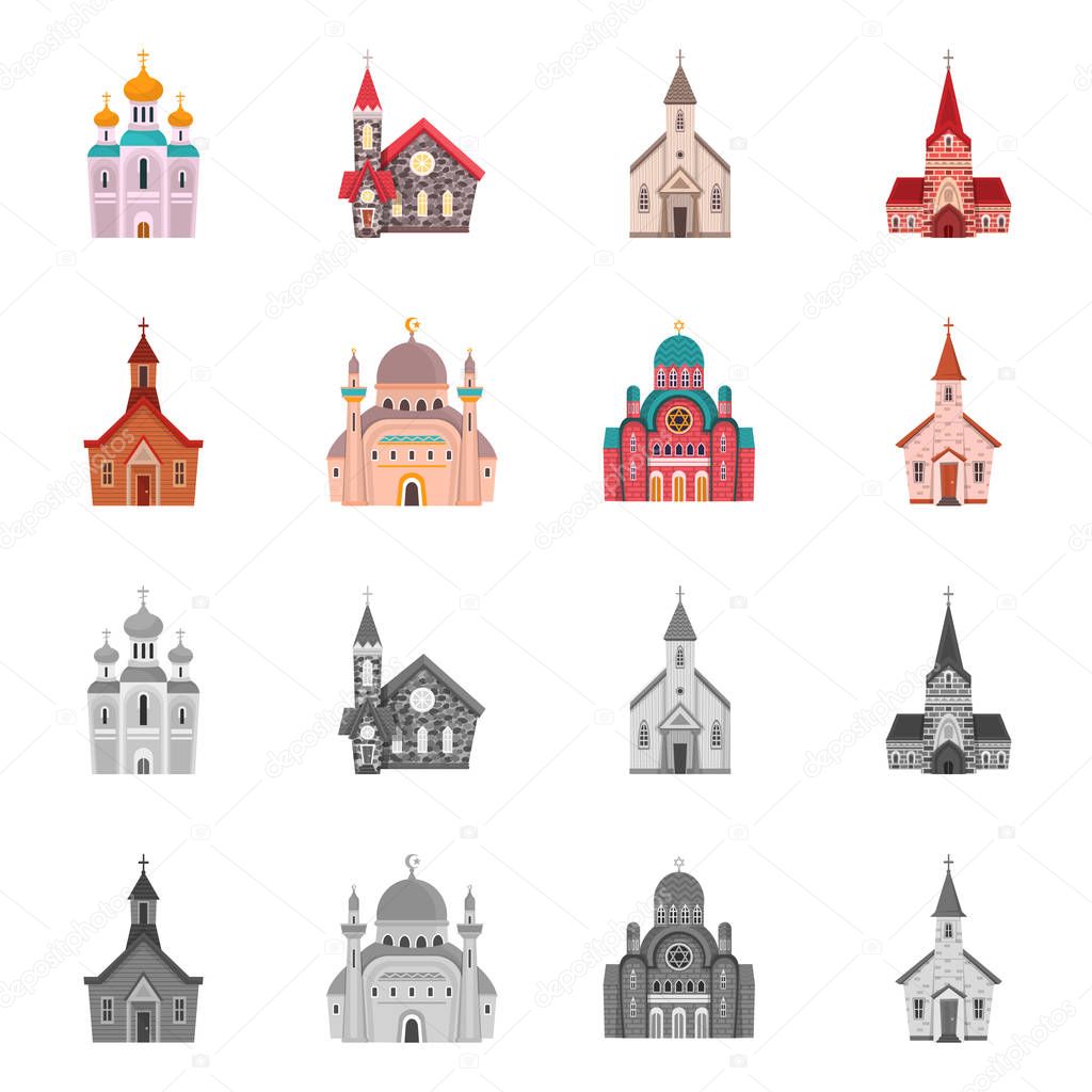Vector design of cult and temple logo. Set of cult and parish vector icon for stock.