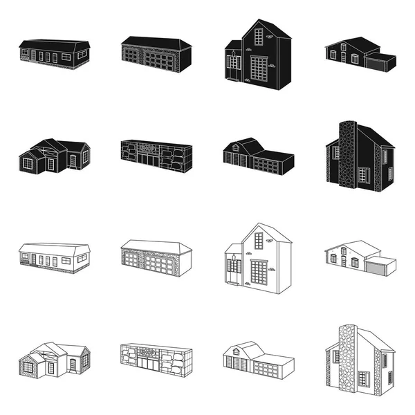 Векторный дизайн фасада и символа корпуса. Набор иконки фасада и вектора инфраструктуры для склада . — стоковый вектор