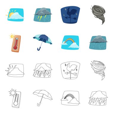 Hava ve iklim işareti vektör tasarımı. Hisse senedi için hava ve bulut vektör simge kümesi.