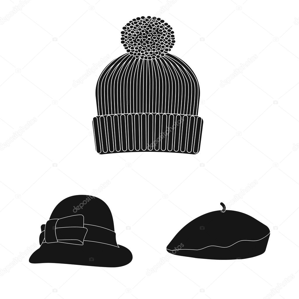 Vector illustration of headgear and cap logo. Collection of headgear and accessory stock symbol for web.
