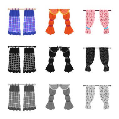 Perde ve perdeler sembolü vektör Illustration. Web için perdeler ve jaluzi stok sembolü koleksiyonu.