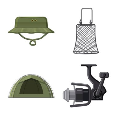 Balık ve balık tutma simge vektör tasarımı. Web için balık ve ekipman hisse senedi simgesi kümesi.