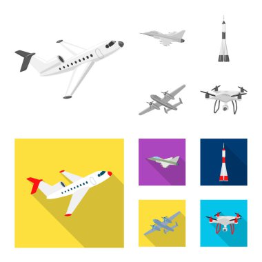 Uçak ve taşıma sembolü yalıtılmış nesne. Hisse senedi için uçak ve gökyüzü vektör simge kümesi.