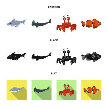 Deniz ve hayvan simgesi yalıtılmış nesne. Deniz ve deniz hisse senedi vektör çizim koleksiyonu.