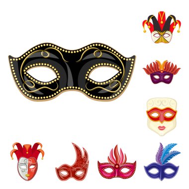 Karnaval ve tiyatro işareti vektör çizimi. Karnaval ve gizem hisse senedi vektör çizim seti.