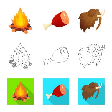 Evrim vektör tasarımı ve neolitik simge. Web için evrim ve ilkel stok sembolü seti.