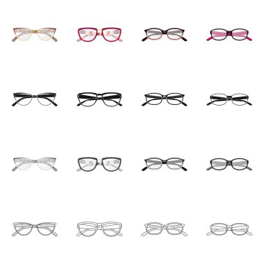 Gözlük ve çerçeve logo vektör Illustration. Gözlük ve hisse senedi için aksesuar vektör simge kümesi.