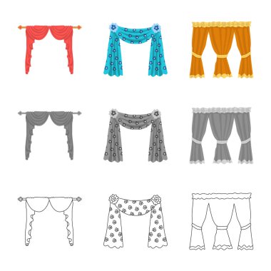 Perdelerin ve perde simgelerinin vektör tasarımı. Perdeler ve perdeler ağ için stok sembolü.