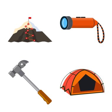 Dağcılık ve en yüksek işareti tasarımı vektör. Dağcılık ve kamp set vektör simge stok için.