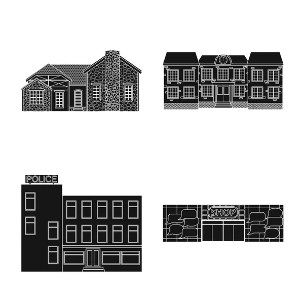 건물의 전면 디자인 벡터 로고. 웹에 대 한 건물 및 지붕 주식 기호 집합. — 스톡 벡터