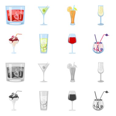 Likör ve restoran logosu vektör tasarımı. Stok için içki ve bileşen vektör simgesi seti.