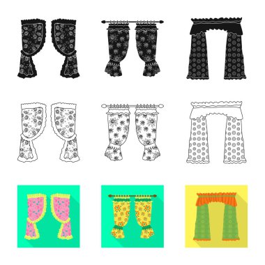 Perde ve perde sembollerinin vektör tasarımı. Depo için perde koleksiyonu ve vektör simgesi.