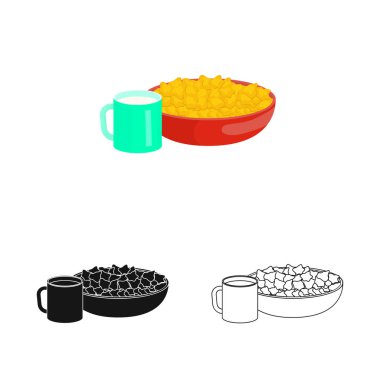 Mısır gevreği ve süt simgesi vektör tasarımı. Stok için mısır gevreği ve kase vektör simgesi koleksiyonu.