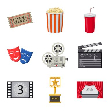 Sinema ve tiyatro logosu vektör tasarımı. Hisse senedi için sinema ve eğlence vektör simgesi seti.