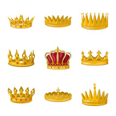 Monarşi ve altın simge vektör tasarımı. Hisse senedi için monarşi ve hanedan vektör simgesi koleksiyonu.