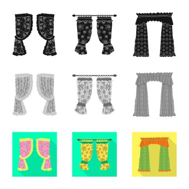 Perde ve perdeler sembolü vektör tasarımı. Web için perde ve panjur stok sembolü koleksiyonu.