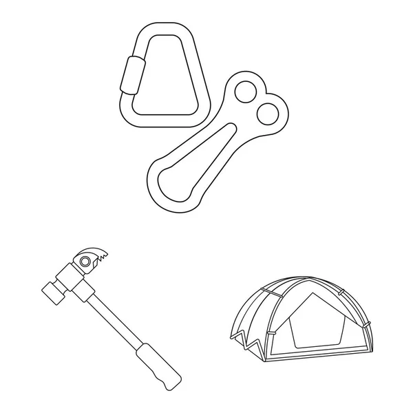 Vektorillustration des Bergsteigens und des Gipfelzeichens. Sammlung von Bergsteigen und Camp-Vektor-Symbol für Lager. — Stockvektor